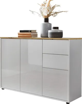 Produktbild von Sideboard / Kommode BEN 10 in weiß / weiß Hochglanz, Absetzung Artisan Eiche, grifflos, Push-to-open, (BxHxT) 106x73x33 cm