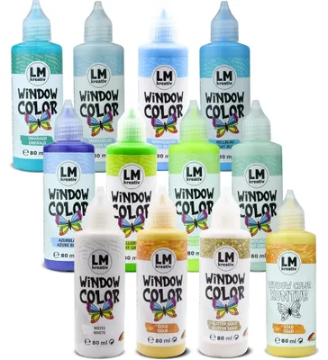 Produktbild von LM-Kreativ Window Color Set (12 x 80 ml Enjoy Yourself inkl. Konturfarbe) – abziehbare Fensterfarbe auf Wasserbasis für Glas, Spiegel und Fliesen