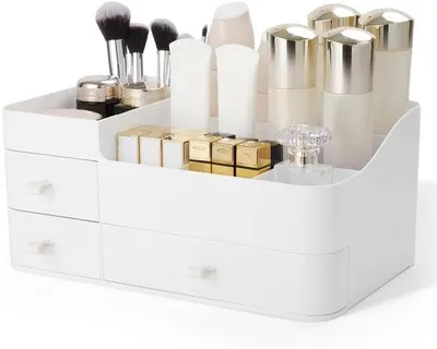 Produktbild von Make-up-Organizer mit Schubladen, Kosmetikboxen zur Make-up-Organisation, Schminktisch-Organizer, Kunststoff, schwarz, 4 Schubladen, ideal für