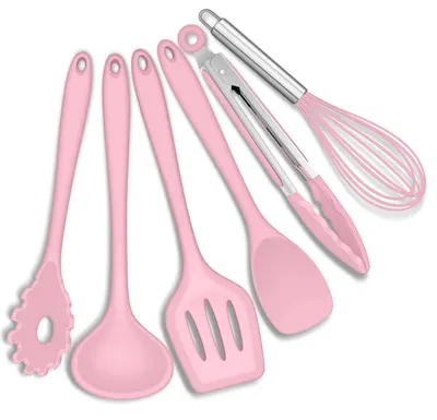6-teiliges Silikon-Küchenhelfer-Set, rosa, antihaftbeschichtet, hitzebeständig