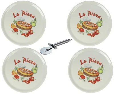 Zdjęcie produktu dla XXL porcelanowe talerze do pizzy z nożem do pizzy - zestaw 4 sztuk - średnica 31 cm