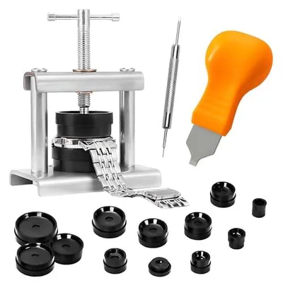 Produktbild von Profi Uhrenwerkzeug Set, Uhrenpresse mit 12 Matrizen für 17–46 mm Uhren, Uhrenöffner & Federstegwerkzeug zur Uhrenreparatur
