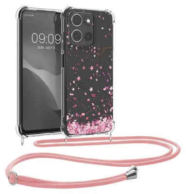 Produktbild von kwmobile Necklace Case kompatibel mit Motorola Moto G15 Hülle - Silikon Cover mit Handykette - Rosa Dunkelbraun Transparent Kirschblütenblätter