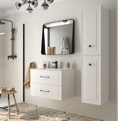 Productafbeelding van Onderkast voor wastafel, model Renoir 800, kleur wit, met katoenen afwerking, met 2 lades, geschikt voor wandmontage