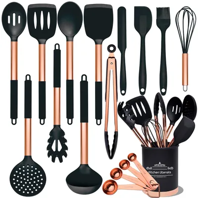 Image de Lot de 17 ustensiles de cuisine, couleur or rose, en silicone avec récipient, revêtement antiadhésif, résistant à la chaleur.
