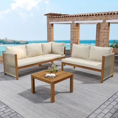 Immagine prodotto di Set di mobili da giardino Merax con divano angolare + tavolino, set di divani da esterno con struttura in acacia, intreccio in corda, per giardino e terrazza, beige