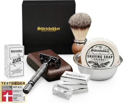Produktbild von Störtebekker® Premium Rasierset - Rasierhobel Schwarz – inkl. Echtlederetui (Café) - Rasierseife Kokos Duft - Rasurset / Bartpflege Set