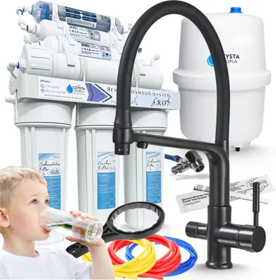 Image de Robinet de cuisine 3 voies Ari Flexible avec douchette extractible, raccord pour filtre à eau, noir mat