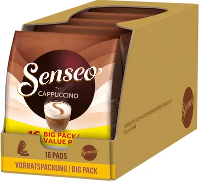 A cardboard box containing multiple packs of Senseo Cappuccino coffee pods.