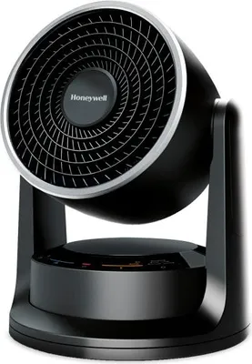 A black Honeywell heater is shown against a white background.