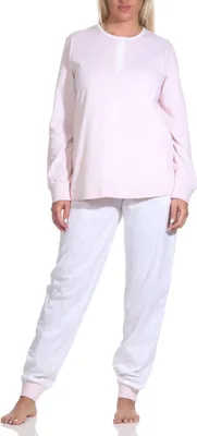 Produktbild von Edler Damen Schlafanzug langarm Pyjama mit Knopfleiste und Paysley gemusterter Hose ; rosa , 44/46