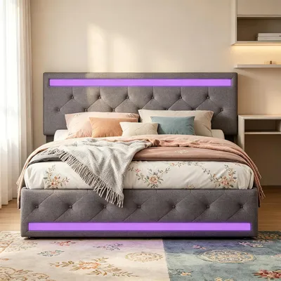 Zdjęcie produktu dla Łóżko tapicerowane - podwójne, wymiary 140 x 190 cm - 4 szuflady - oświetlenie LED - regulowane zagłówki - pokrowiec z lnu - kolor szary