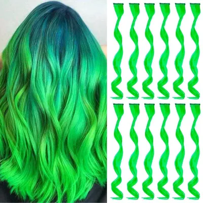 Image de Extensions de cheveux verts, bouclées et ondulées, de 17 pouces, composées de 12 pièces, en fibre synthétique