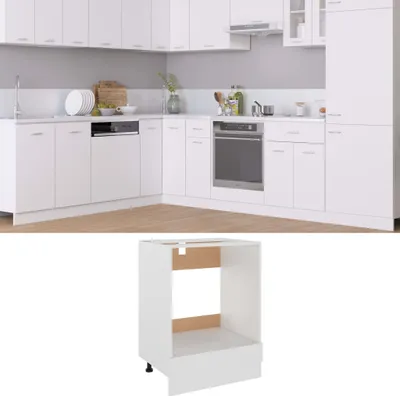 A modern white kitchen with appliances and cabinets, with a separate image of a white cabinet base.