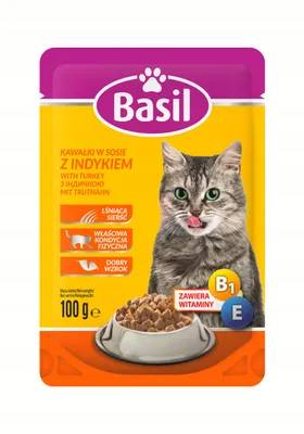 Produktbild von Basilikum Nassfutter für Katzen 100g Beutel mit Truthahn