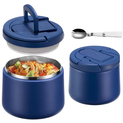 Image de Boîte à lunch isotherme en acier inoxydable, 420 ml, bleue, étanche, avec cuillère
