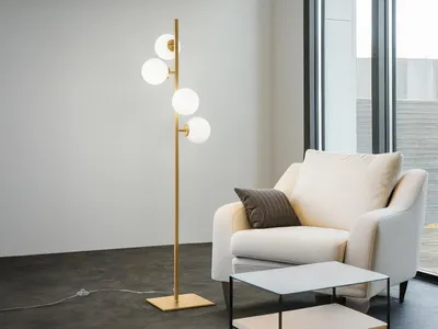 Produktbild von LED Stehlampe Gold mit Glaskugeln Weiß Retro Lampe fürs Wohnzimmer H:150cm