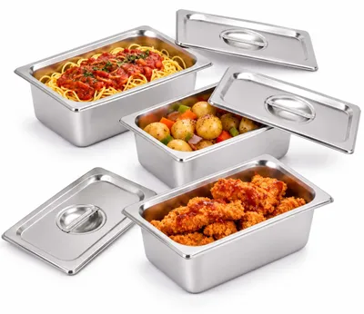 Produktbild von Relaxdays Gastro Behälter 3er Set, Edelstahl, GN 1/4, Gastronormbehälter mit Deckel, HBT 10x26,5x16,2 cm, Küche, silber, KI-generiertes Bild