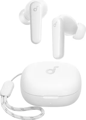 A pair of white wireless earbuds and their charging case are displayed against a white background.