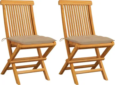 Produktbild von Gartenstühle mit Beigen Kissen 2 Stk. Massivholz Teak
