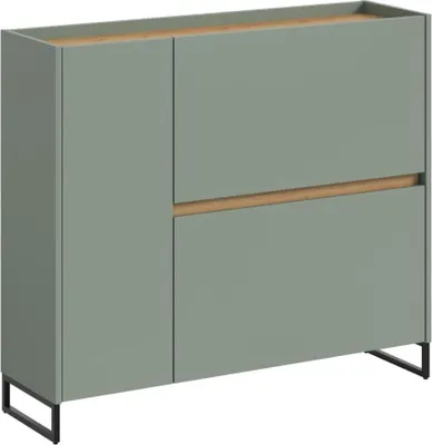A sage green cabinet with wood accents and black legs, shown against a white background.
