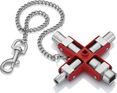 A universal key tool with a chain and clip, presented against a white background.