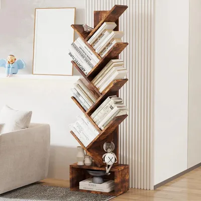 Immagine prodotto di Libreria a forma di albero - Libreria autoportante - Con 8 ripiani - Con cassetto - Adatta per soggiorno, camera da letto, ufficio - In legno - Marrone
