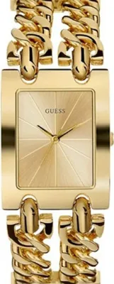 A close-up studio shot of a gold Guess women's watch with a link bracelet.