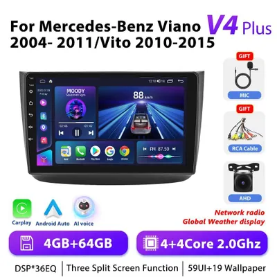 Obrázok produktu pre Autorádio pre Viano 2004–2011, Vito 2010–2015 – 2-DIN Android 10 – dotykový displej 25,4 cm – 4+64 GB – WiFi, GPS navigácia – AHD – RDS