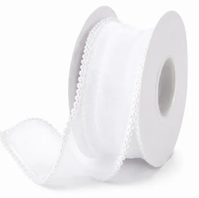 Organza-Lint mit Perlenrand, 4 cm x 3 m, Weiß