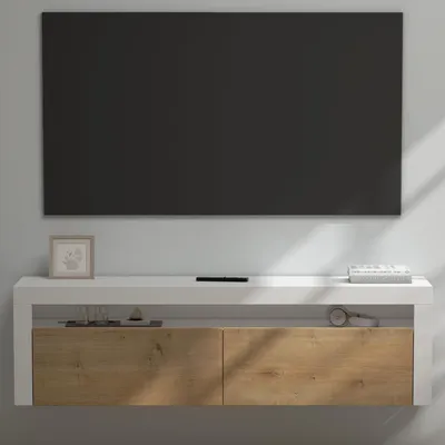 Image de doporro Meuble TV Bas 160x40x46cm Armoire TV Blanc Mat + Marron Clair Table de Télévision Salon avec 2 Portes Meuble TV Suspendu Fernsehschrank01
