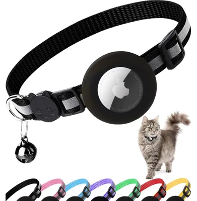 Image de Collier pour chat - Nylon réfléchissant - Réglable 22 à 35 cm - Noir - Étui AirTag pour chat