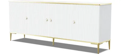 Produktbild von Kommode PETRA 182 cm 4D WEIß MATT mit Goldene Metallfüße Sideboard MDF 4 Türen Highboard Schrank offene Regale Büfett mit gefräster fronten und seiten