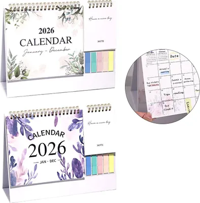 Produktbild von 2026 Mini-Tischkalender 2er Pack – Spiralgebunden, Monatsplanung, To-Do-Listen & Notizseiten, kompakt für Büro, Schreibtisch und Zuhause, Blumenmuster