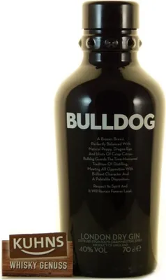A black bottle of Bulldog London Dry Gin is shown against a white background, with a small wooden sign in the foreground.