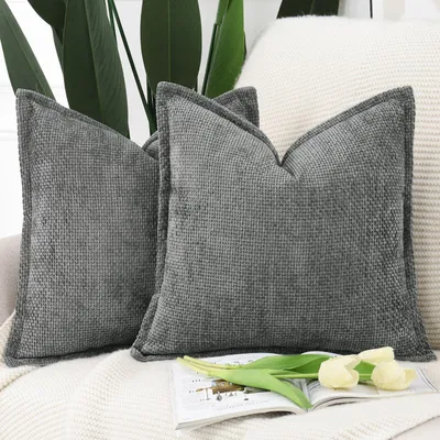 Productafbeelding van Kussensloop set van 2, chenille fluweel met rand, donkergrijs, 50x50 cm