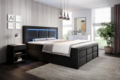 Produktbild von Moebelfest Boxspringbett 140x200 cm mit Blau LED-Beleuchtung: Polsterbett mit 2 Schubladen, Taschenfederkernmatratze 7 Zonen und Topper (Madrid in  Schwarz)