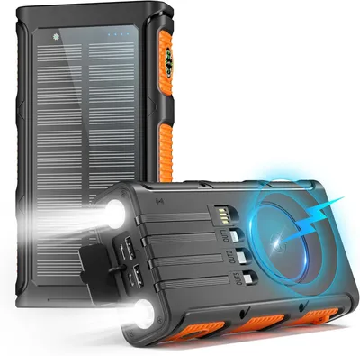Produktbild von Solar Powerbank, 20000mAh kabellose Power Bank, Solar Ladegerät, mit 4 integrierten Kabeln, 4 Ladeanschlüssen, Externer Akku mit zwei Taschenlampen