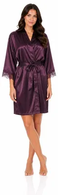 Produktbild von Damen Satin Morgenmantel Kimono kurz mit Spitze Bademantel Hausmantel Robe Aubergine/M