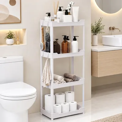 Imagen del producto de Estantería de 4 niveles con 4 ganchos – Organizador que ahorra espacio para cocina, baño y hogar – Con patas – Blanco