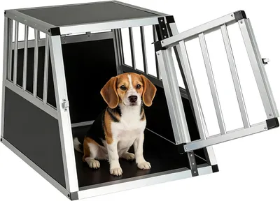 Produktbild von Hundetransportbox für das Auto, stabile und leichte Aluminiumkonstruktion mit Sicherheitsverschluss, geeignet für Kofferraum, Rückbank und Zuhause (69,5 x 54 x 50,5 cm)