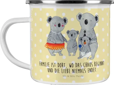 Produktbild von Mr. & Mrs. Panda Pott Koala Familie - Gelb Pastell - Geschenk, Kaffeepott, Geschwister, Muttertag, Koalas, Haferl, becher emaille, Kinder, Tasse, Teetasse