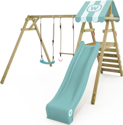 Image de WICKEY Portique de balançoire Smart Ace avec toboggan Balançoire, portique de balançoire, balançoire double, balançoire en bois - bleu pastel