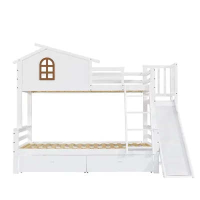 Produktbild von Flieks Etagenbett 90x200/120x200 mit Lattenrost, Kinderbett mit Rutsche und Leiter, Hochbett mit 2 Schubladen, Hausbett Holzbett Stockbett, Weiß