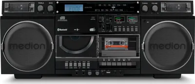 A black Medion boombox with a CD player, cassette deck, and radio.
