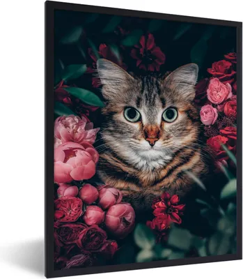 Produktbild von MuchoWow® Gerahmtes Poster Katze - Blumen - Blätter - Botanisch 60x80 cm - Poster mit Schwarzem Bilderrahmen Wandposter Rahmen Foto Bilder - Premium - Wanddeko Wohnzimmer