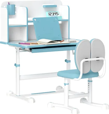 Produktbild von AIYAPLAY Kinderschreibtisch und Stuhlset für 3-12 Jahre, höhenverstellbar, Schulpult mit 45° neigbarer Platte, Schublade, Ablage, Stifthalter und Rednerpult, aus Stahl und MDF, blau