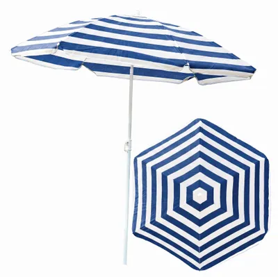 Produktbild von Sonnenschirm für den Garten Material TNT-Vlies / Stahl Farbe Blau-Weiss Streifen D 135 cm H 150 cm touristisch Strand leicht zusammenklappbar bremsfunktion Modern Funktionell