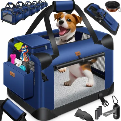 Produktbild von LOVPET® Hundebox Hundetransportbox faltbar Inkl.Hundenapf Transporttasche Hundetasche Transportbox für Haustiere, Hunde und Katzen Haustiertransportbox, Navyblau, XL