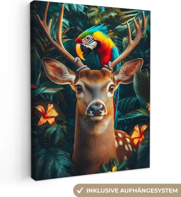 Produktbild von Leinwandbilder 60x80 cm - Tiere, Blumen - Hirsch - Papagei, Bilder Wohnzimmer Modern, Wanddeko